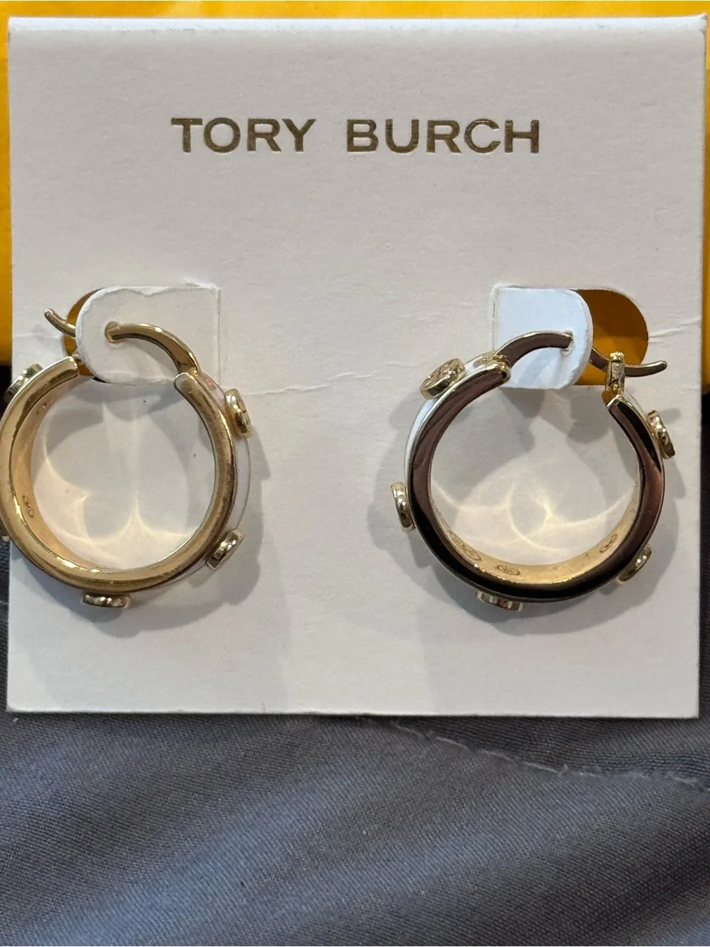 Tory Burch Gold and White Enamel Logo Accent Hoop Earrings